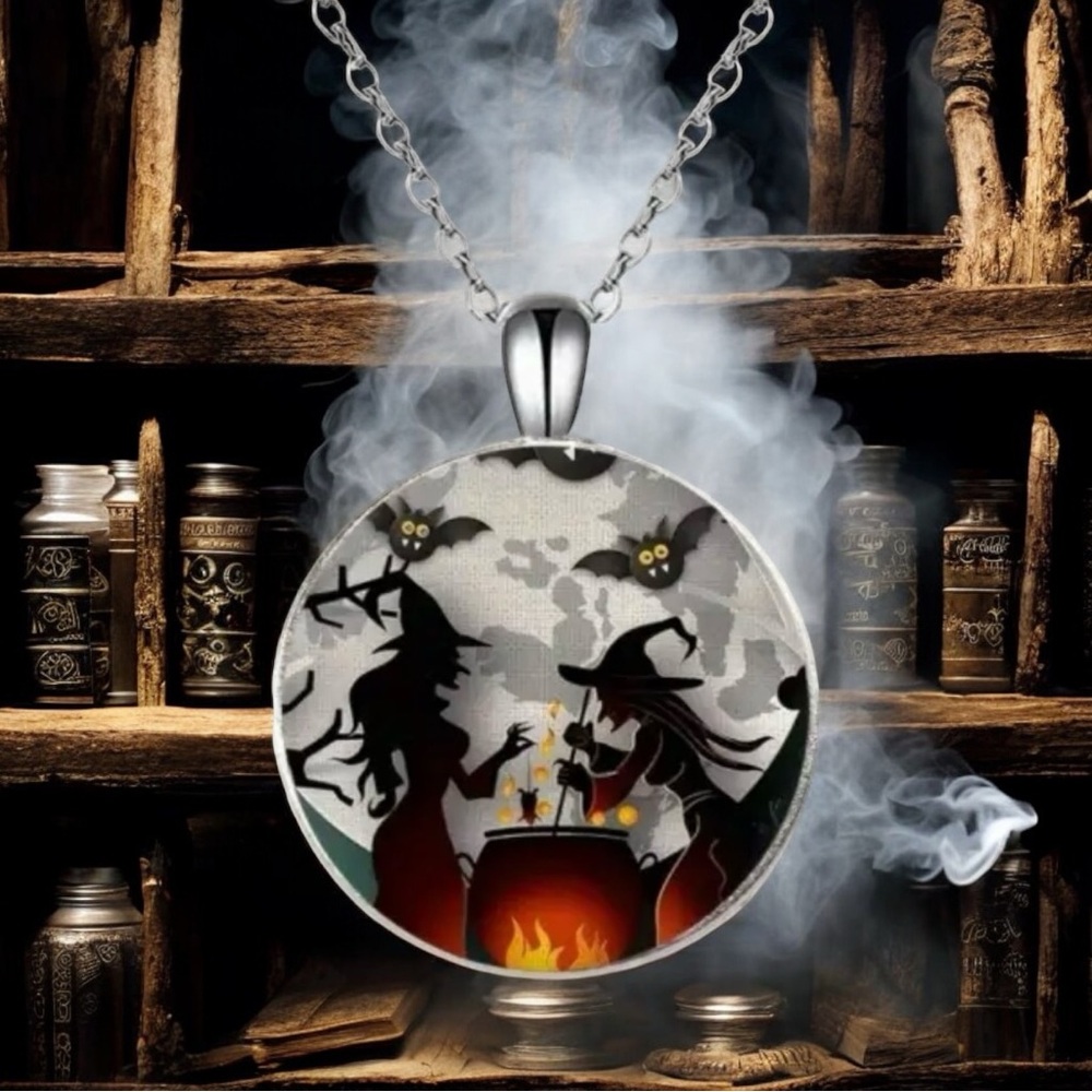 Lightweight Witch Glass Bead Silver Pendant Charm With Chain Faux Fashion Jewelr